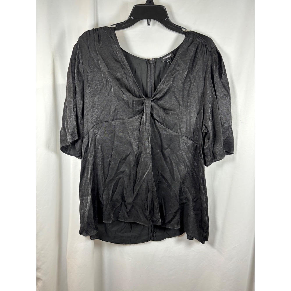 Express Womens Black Twist Front V-Neck Satin Blouse Short Sleeve XL NWT